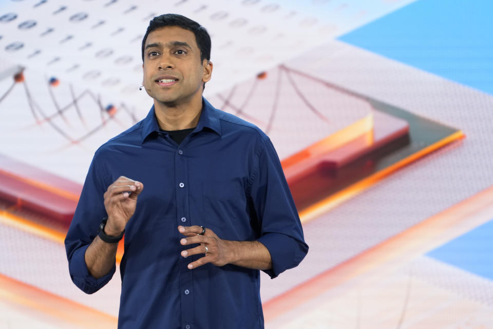 Pavan Davuluri, Microsoft corporate vice president of Windows and Devices, speaks during a showcase event of the company's AI assistant, Copilot, ahead of the annual Build developer conference at Microsoft headquarters Monday, May 20, 2024, in Redmond, Wash. (AP Photo/Lindsey Wasson)