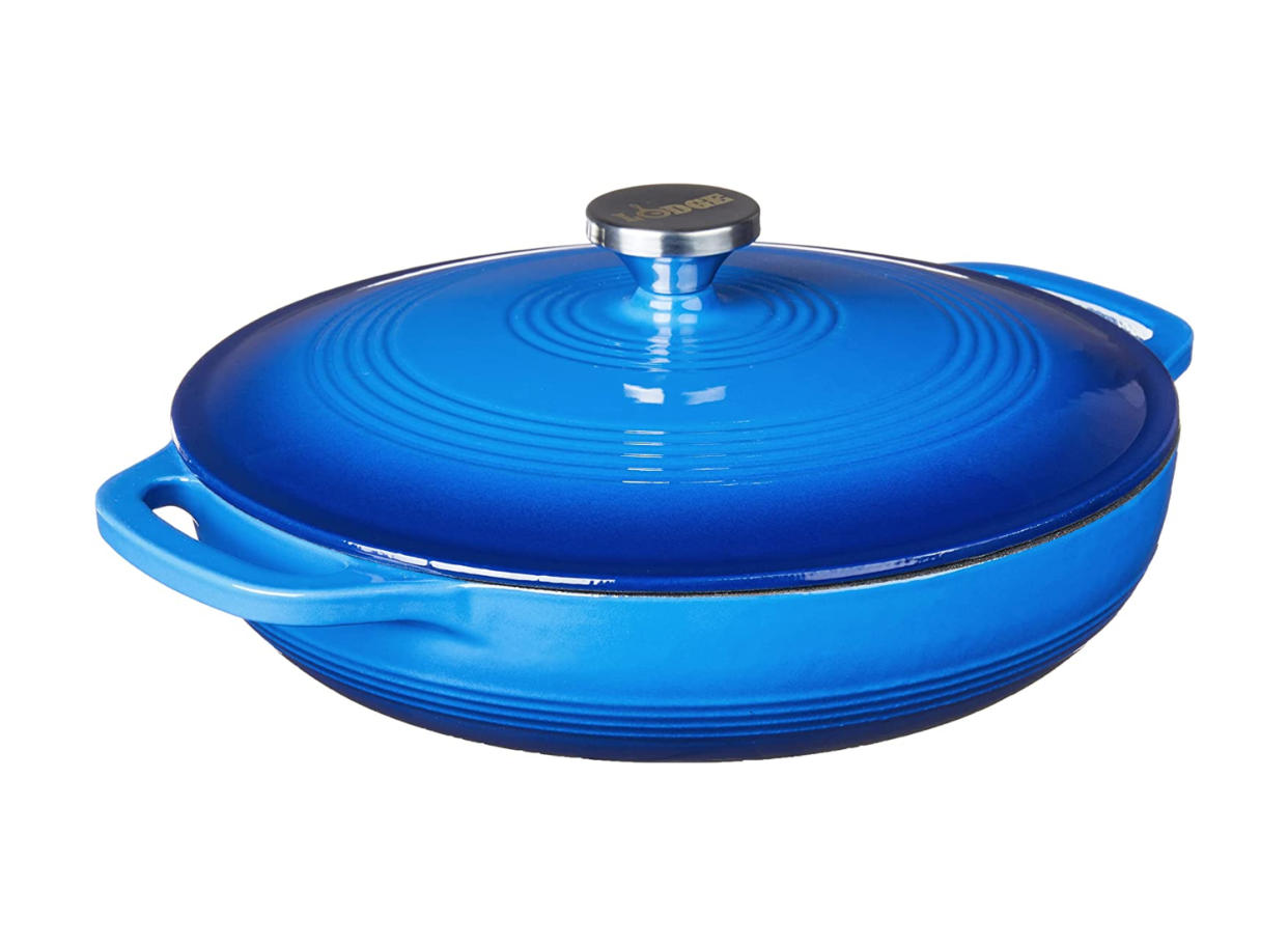 You can broil, braise, and roast in this covered cast-iron casserole. (Source: Amazon)