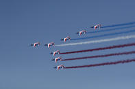 Alpha jets from the French Air Force Patrouille de France fly during the inauguration the 53rd International Paris Air Show at Le Bourget Airport near Paris, France, Monday June 17, 2019. The world's aviation elite are gathering at the Paris Air Show with safety concerns on many minds after two crashes of the popular Boeing 737 Max. (Benoit Tessier/Pool via AP)