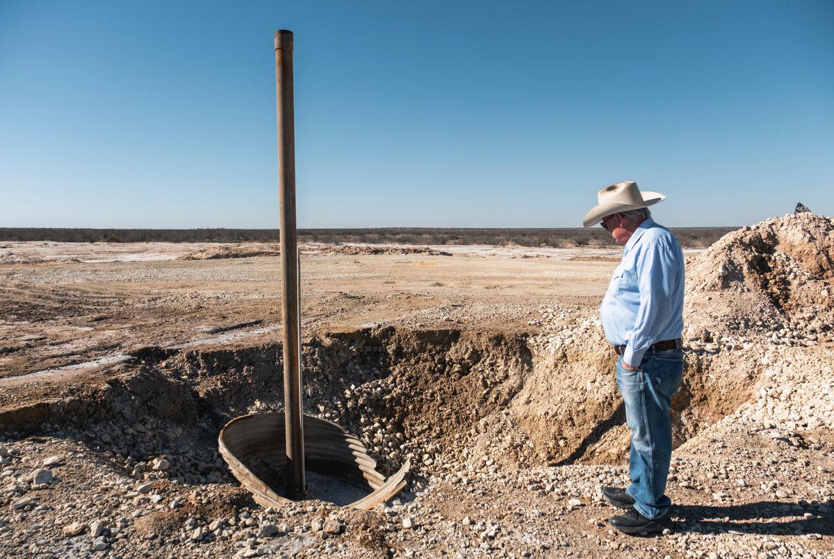 Bill Wight looks at the well that was leaking high volumes of salt water on his land Saturday, Feb. 24, 2024, in Crane County.