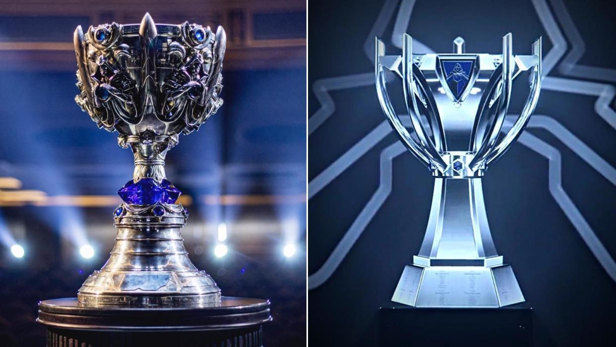 A side-by-side comparison of the 2012-2021 Summoner's Cup, and the newly unveiled Summoner's Cup. Which one do you like better? (Photo: Riot Games)