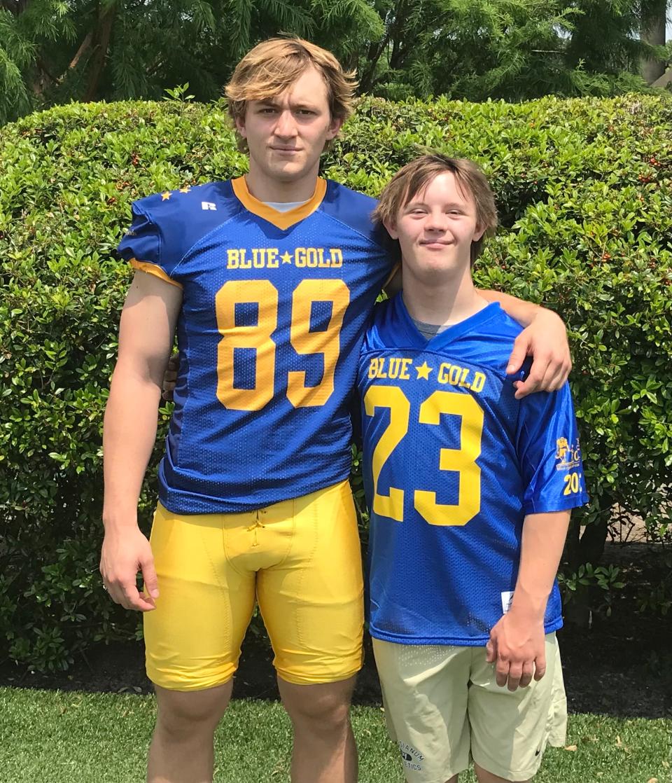 Nate Ray (89), a defensive end from Salesianum, will play for the Blue team in the 67th DFRC Blue-Gold All-Star football game on Friday night at Delaware Stadium. His brother Matthew, a junior at Brandywine High, is the All-Star buddy for the Blue team.