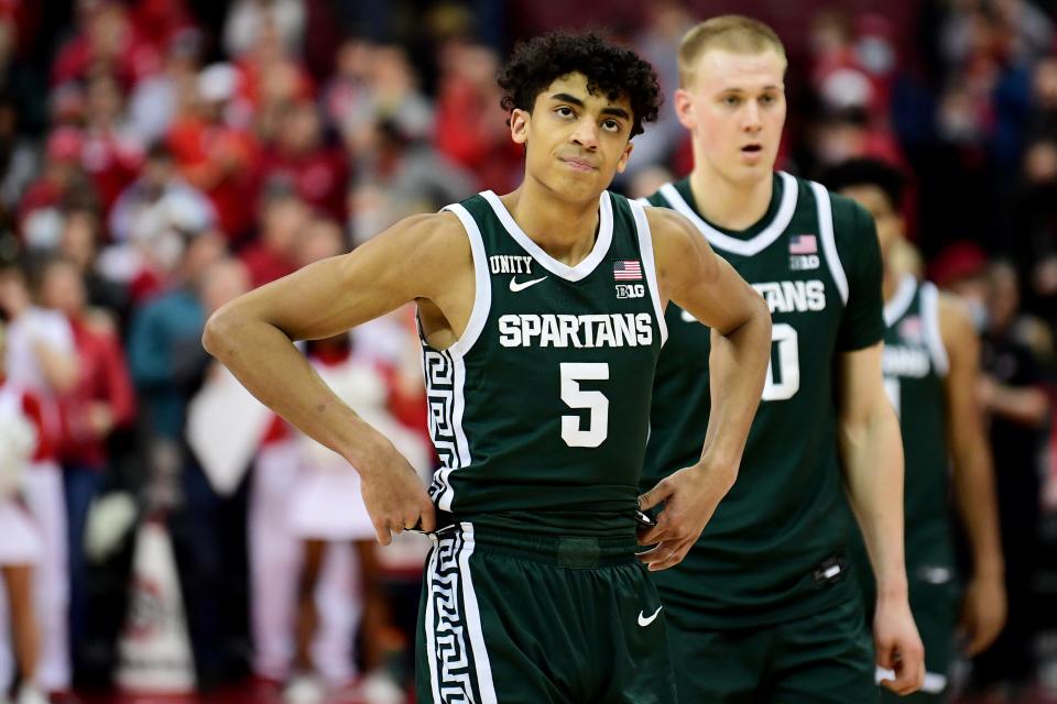 Michigan State guard Max Christie reacts after the second half of MSU's 80-69 loss on Thursday, March 3, 2022, in Columbus, Ohio.