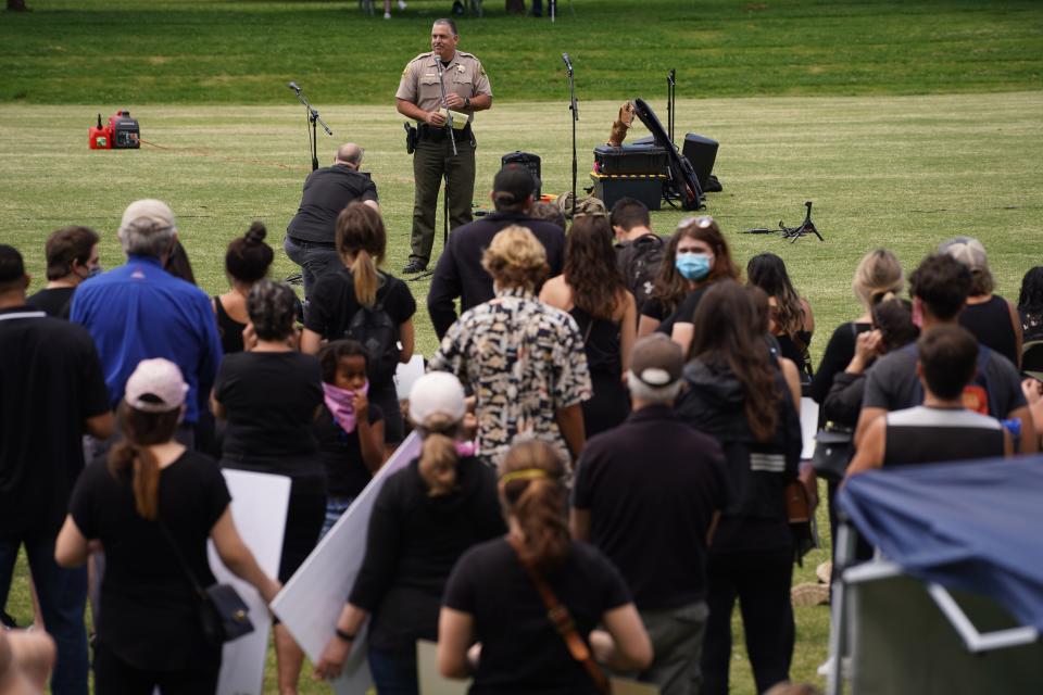 Sheriff Eric Magrini speaks at the Redding March for Justice on June 6, 2020. The rally and silent march called for racial justice and the end to police brutality in the wake of George Floyd's murder by Minneapolis police.