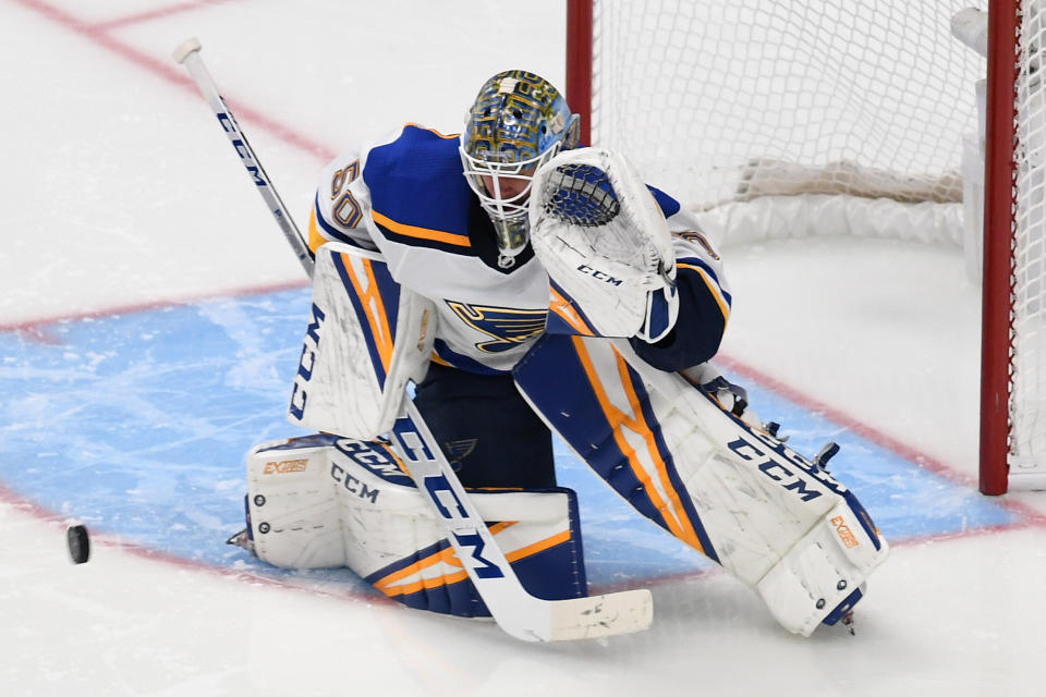 SAN JOSE, CALIFORNIA - MAY 19: Jordan Binnington #50 of the St. Louis Blues makes a save against the San Jose Sharks in Game Five of the Western Conference Final during the 2019 NHL Stanley Cup Playoffs at SAP Center on May 19, 2019 in San Jose, California. (Photo by Thearon W. Henderson/Getty Images)