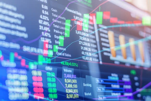 An ascending bar chart overlaid on top of a monitor displaying stock prices.