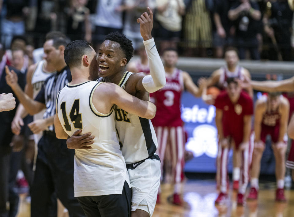 Purdue guard Eric Hunter Jr. (2) celebrates after the team's defeat of Indiana in an NCAA college basketball game, Saturday, March 5, 2022, in West Lafayette, Ind. (AP Photo/Doug McSchooler)