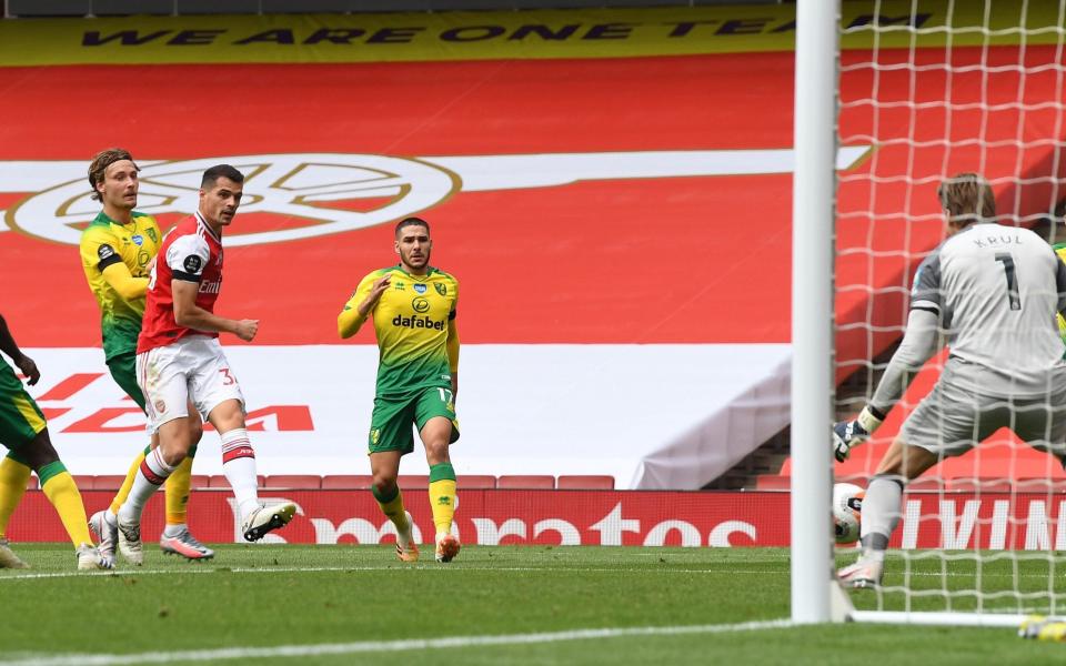 Granit Xhaka scores the 2nd Arsenal goal during during the Premier League match between Arsenal FC and Norwich City  - Getty Images