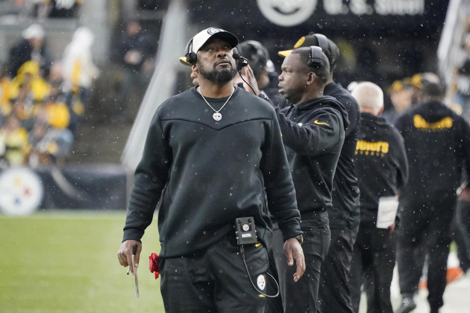 Pittsburgh Steelers head coach Mike Tomlin walks along the sideline during the second half of an NFL football game against the Arizona Cardinals Sunday, Dec. 3, 2023, in Pittsburgh. (AP Photo/Gene J. Puskar)