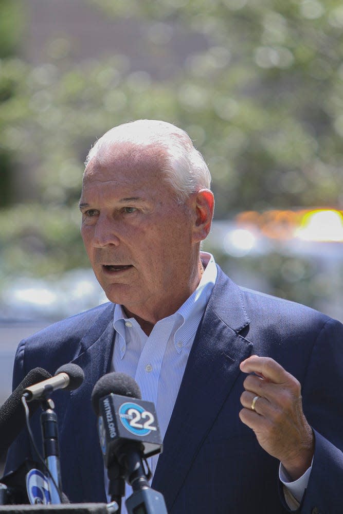 Mayor Mike Purzycki presented his proposed 2024 budget to Wilmington City Council on Thursday, March 16, 2023. In this photo, Purzycki speaks during a Pride Month flag raising at Rodney Square in June 2022.