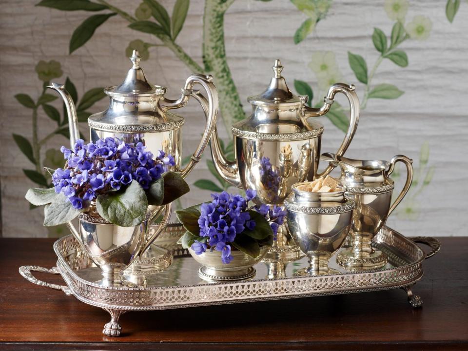 Silver Teapot and Pots on Silver Tray with African Violets