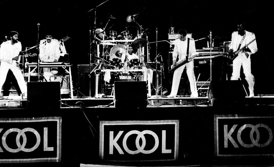 The Commodores perform in front of Kool signs in July of 1985 at the jazz festival at Riverfront Stadium. Kool, a menthol cigarette brand, sponsored the festival at the time.