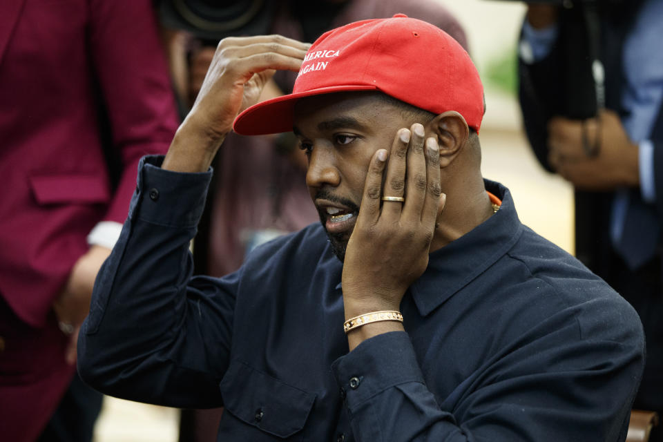 Rapper Kanye West speaks during a meeting with President Donald Trump in the Oval Office of the White House, Thursday, Oct. 11, 2018, in Washington. (AP Photo/Evan Vucci)