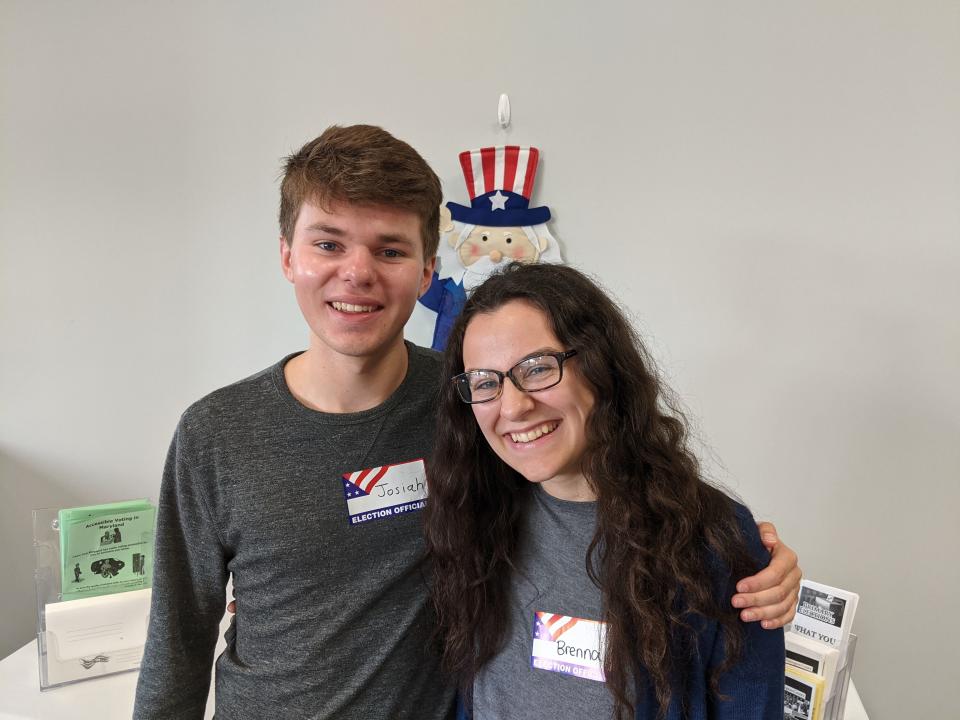 Josiah Pryor of Hagerstown and Brenna Fitzgerald of Rohrersville, both 18, were among those working the poll at the Washington County Board of Elections headquarters on Virginia Avenue Tuesday morning.