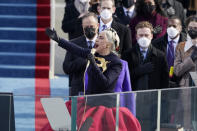 Lady Gaga sings the National Anthem during the 59th Presidential Inauguration at the U.S. Capitol in Washington, Wednesday, Jan. 20, 2021. (AP Photo/Patrick Semansky, Pool)157