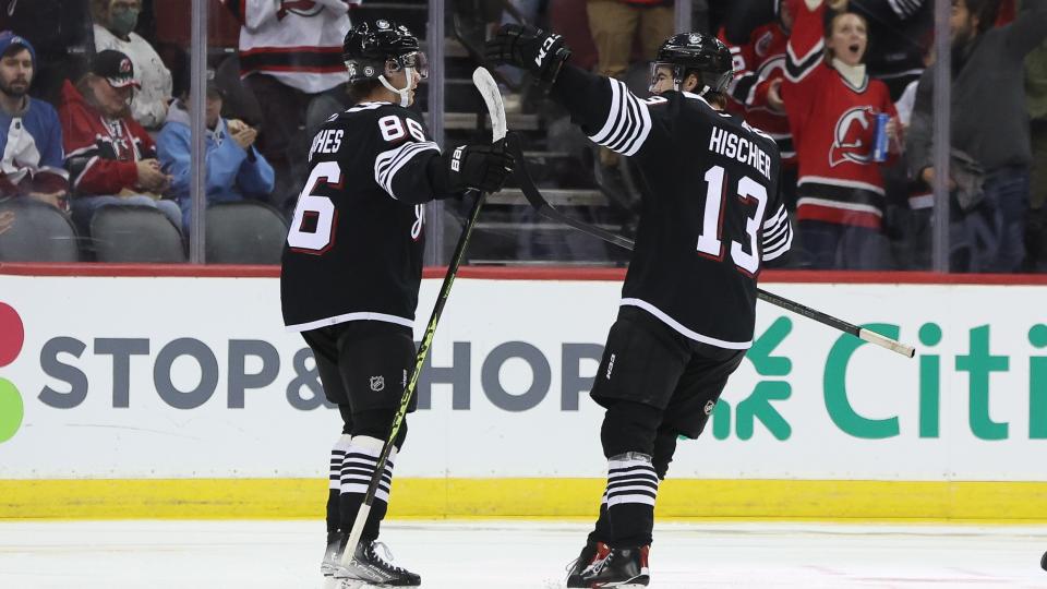 Jack Hughes and Nico Hischier are both locked in long term for the New Jersey Devils, who are beginning to look like bonafide Stanley Cup contenders (Photo by Andrew Mordzynski/Icon Sportswire via Getty Images)