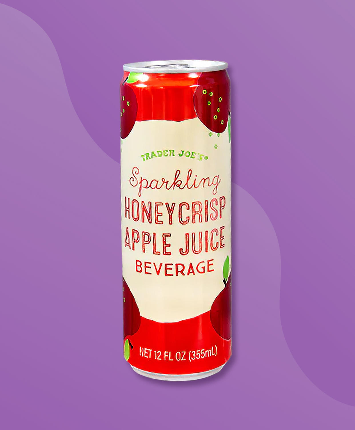 A can of Trader Joe's Sparkling Honeycrisp Apple Juice Beverage on a purple background. (TODAY Illustration / Lauren Schatzman / Trader Joe's)