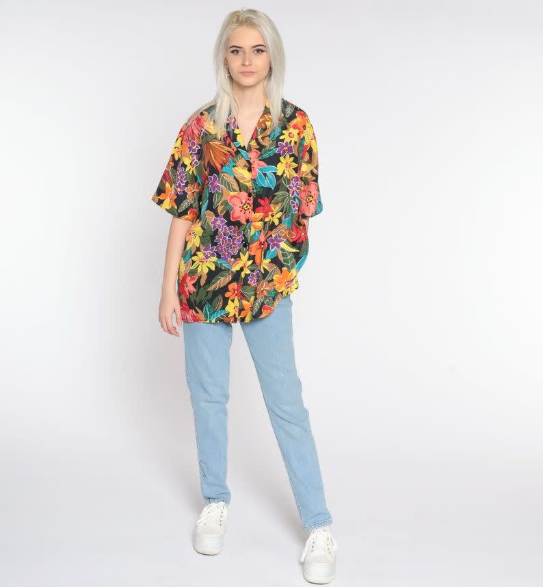 Silk Floral Shirt 90s Button Up Shirt