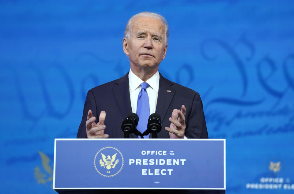 US President-elect Joe Biden speaking about the Electoral College vote certification process in Wilmington, Delaware on Monday (14 December). Presidential electors of the Electoral College gathered in state capitals across the nation that day to cast their ballots for president and vice-president. Their ballots will be formally counted during a joint session of Congress on 6 January. (Photo: Getty Images)