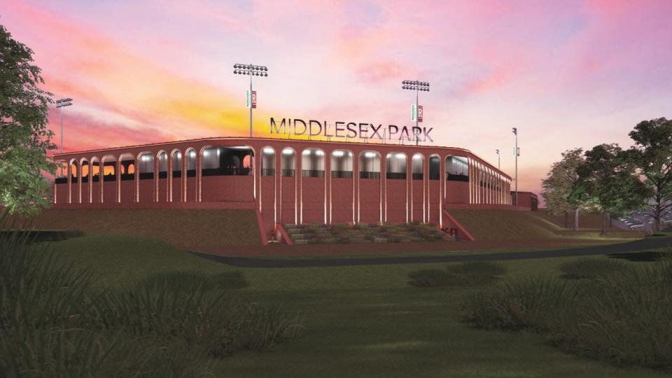 A rendering of the outside of the planned stadium at Middlesex College.