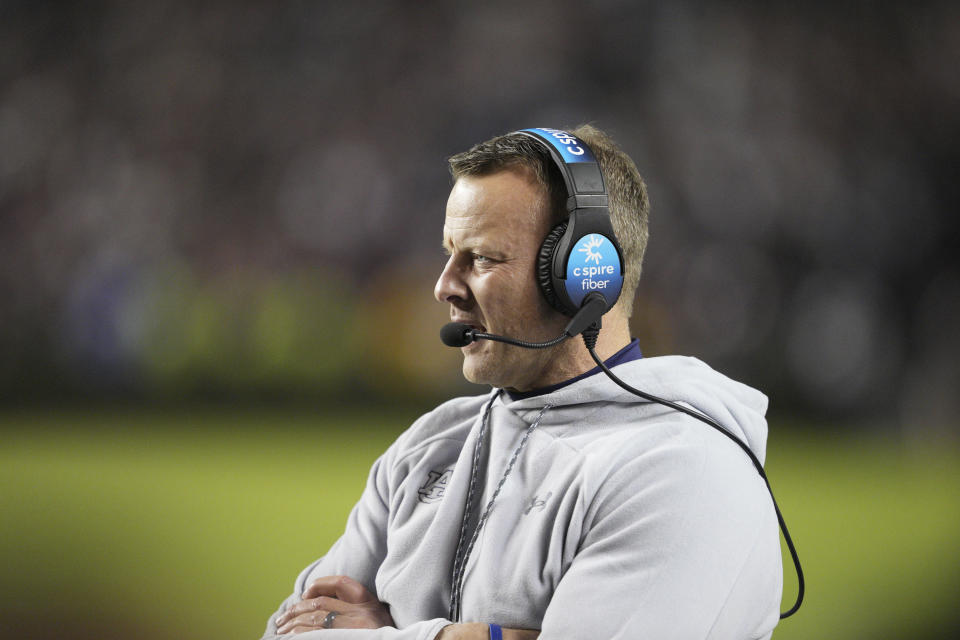 COLUMBIA, SC - NOVEMBER 20: Auburn Tigers head coach Bryan Harsin looks on during the game between the Auburn Tigers and the South Carolina Gamecocks on November 20, 2021 at Williams-Brice Stadium in Columbia, SC.(Photo by Andy Lewis/Icon Sportswire via Getty Images)