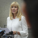 Victim lawyer Sigrid McCawley address media after leaving a hearing at Manhattan Federal Court, Monday July 8, 2019, in New York, for financier Jeffrey Epstein, was arrested in New York on sex trafficking charges. (AP Photo/Bebeto Matthews)