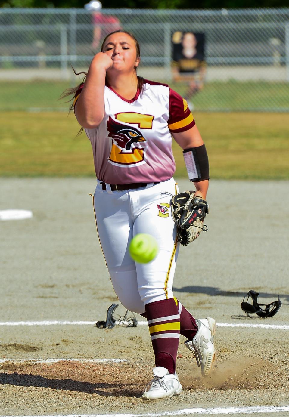 Case’s Hailey Berube warms up before Friday’s Division IV Elite 8 playoff game against Archbishop Williams.