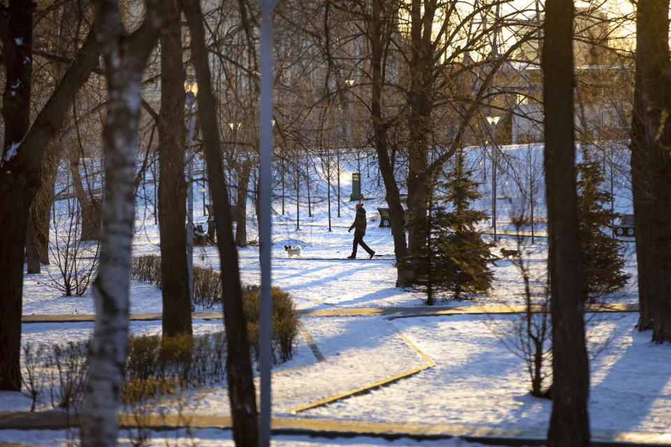 A woman walks her dog through an empty boulevard during a frosty morning in Moscow, Russia, Wednesday, April 1, 2020. The Russian capital has woken up to a lockdown obliging most people in the city of 13 million to stay home. The government ordered other regions of the vast country to quickly prepare for the same as Moscow, to stem the spread of the new coronavirus. The new coronavirus causes mild or moderate symptoms for most people, but for some, especially older adults and people with existing health problems, it can cause more severe illness or death. (AP Photo/Alexander Zemlianichenko)