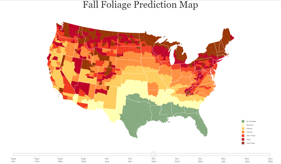 The interactive Fall Foliage Prediction map produced by the SmokyMountains.com tourist site forecasts that North Jersey will see peak leaf color the week of Oct. 16 this year.