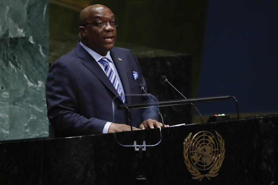 Timothy Harris, Prime Minister of St. Kitts and Nevis, addresses the 74th session of the United Nations General Assembly, Friday, Sept. 27, 2019, at the United Nations headquarters. (AP Photo/Frank Franklin II)