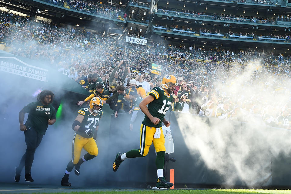 GREEN BAY, WISCONSIN - OCTOBER 20:  Aaron Rodgers #12 of the Green Bay Packers takes the field prior to a game against the Oakland Raiders at Lambeau Field on October 20, 2019 in Green Bay, Wisconsin.  The Packers defeated the Raiders 42-24.  (Photo by Stacy Revere/Getty Images)