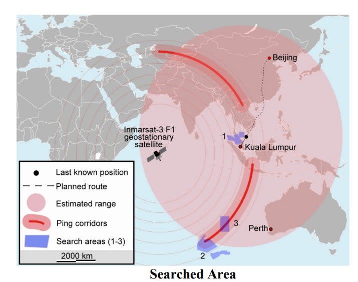 Malaysia Airlines flight 370's search areas, according to Dr. Alan Diehl's book.
