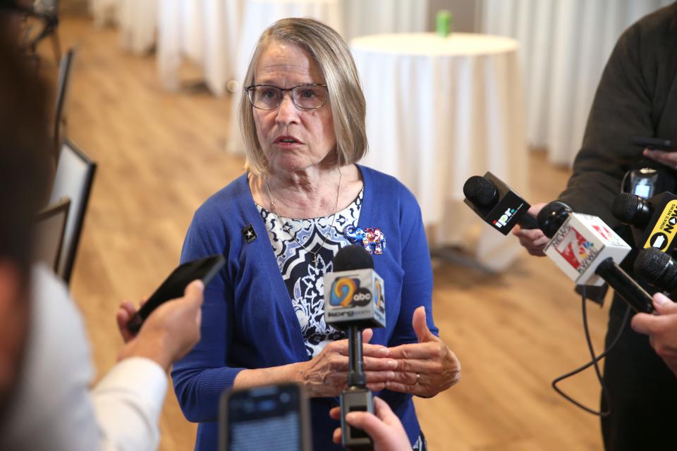 Congresswoman Mariannette Miller-Meeks speaks to the media Sunday, April 28, 2024 at the Courtyard by Marriott in Iowa City, Iowa.