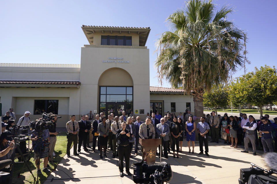 Los Angeles County Sheriff Robert Luna speaks during a press to announce an arrest in the ambush killing of sheriff's deputy Ryan Clinkunbroomer Monday, Sept. 18, 2023, in Palmdale, Calif. Clinkunbroomer was shot and killed while sitting in his patrol car Saturday evening in Palmdale. (AP Photo/Marcio Jose Sanchez)