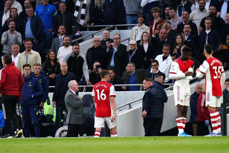 Arsenal’s Rob Holding leaves the pitch after his red card (John Walton/PA). (PA Wire)