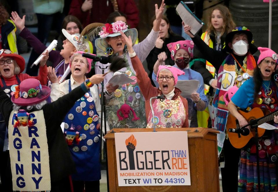 The Raging Grannies of Madison perform during the National Women’s March at the Capitol rotunda marking 50th anniversary of the Roe v. Wade decision, in Madison on Sunday, Jan. 22, 2023. Protesters demonstrated their opposition to last year’s landmark U.S. Supreme Court ruling that made Wisconsin the epicenter of a national battle over abortion access.