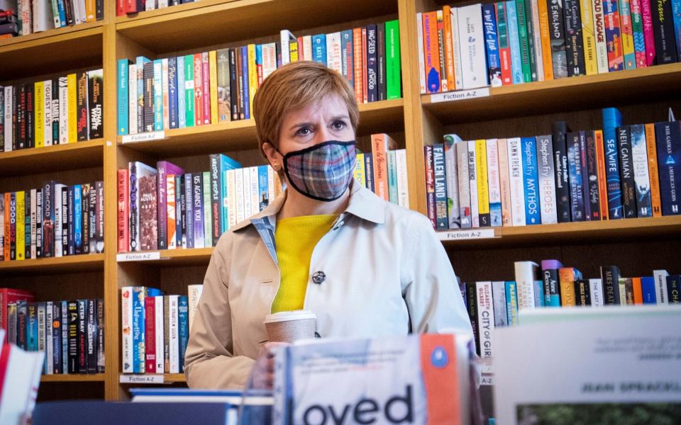 Nicola Sturgeon, visits The Edinburgh Book Shop as she campaigns for the Scottish parliamentary election - Jane Barlow/Reuters