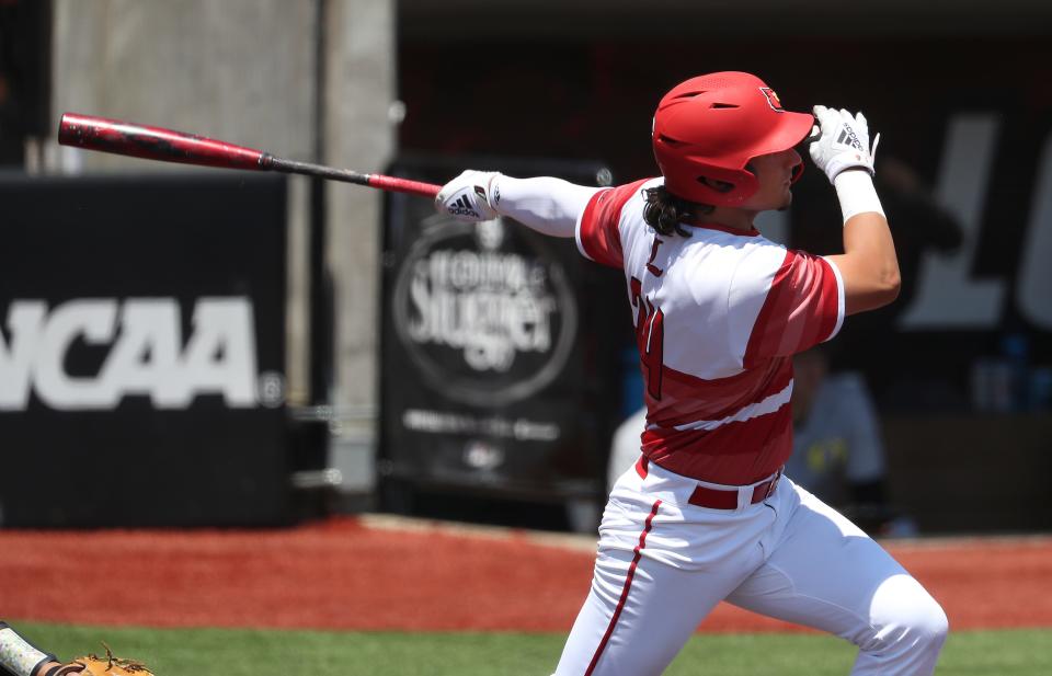 U of L's Cameron Masterman (24) hit a two-run homerun against Oregon during NCAA Regional play at Jim Patterson Stadium in Louisville, Ky. on June 5, 2022.