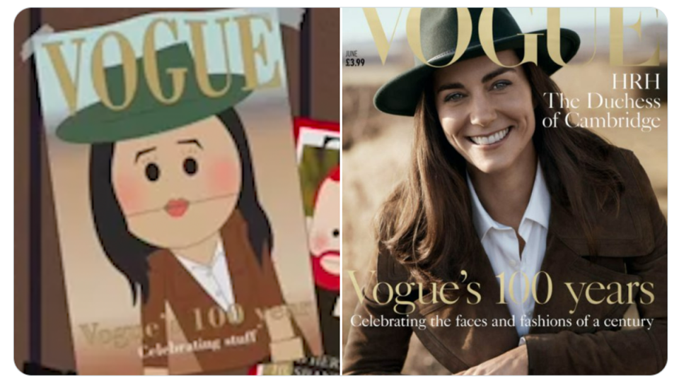 ‘Meghan’ in South Park and a real Vogue cover of Kate (Comedy Central / Vogue / Twitter)