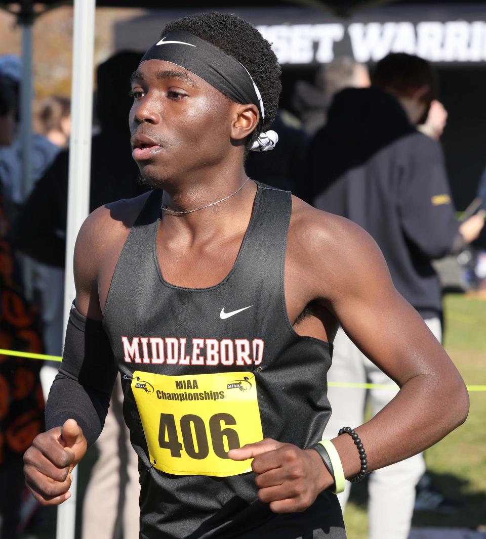 Middleboro's Lekan Sotonwa during the division two cross country meet in Wrentham on Saturday, Nov. 11, 2023.