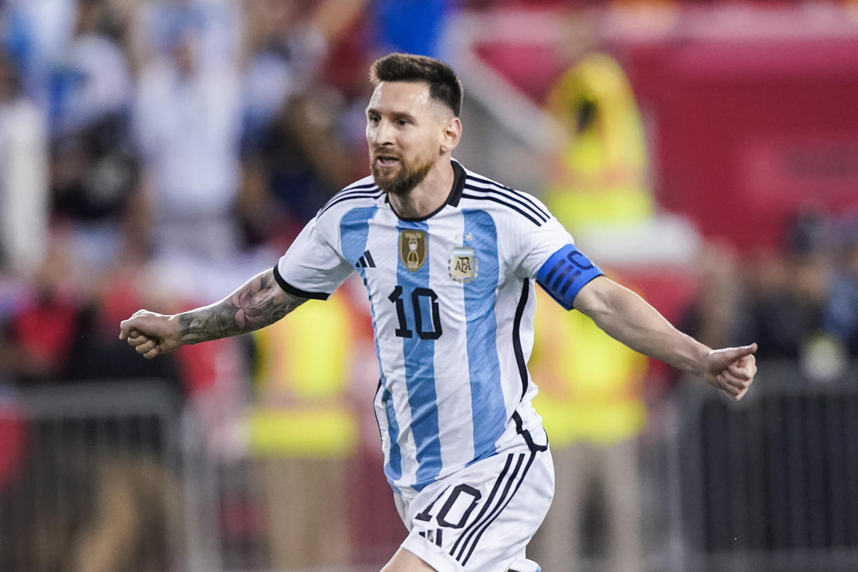 Argentina's player Lionel Messi celebrates his goal during the second half of an international friendly soccer match against Jamaica on Tuesday, Sept. 27, 2022, in Harrison, N.J. (AP Photo/Eduardo Munoz Alvarez)