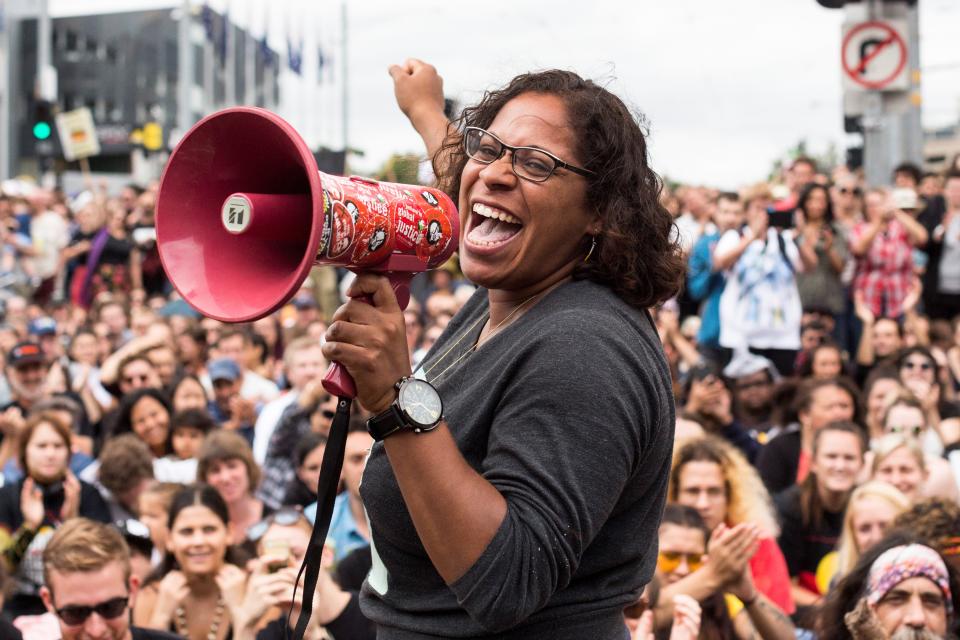 MELBOURNE, AUSTRALIA - JANUARY 26 : Australian Actress Shareena Clanton speaks into a megaphone, during a protest organized by Aboriginal rights activists on Australia Day in Melbourne, Australia on January 26, 2017. 