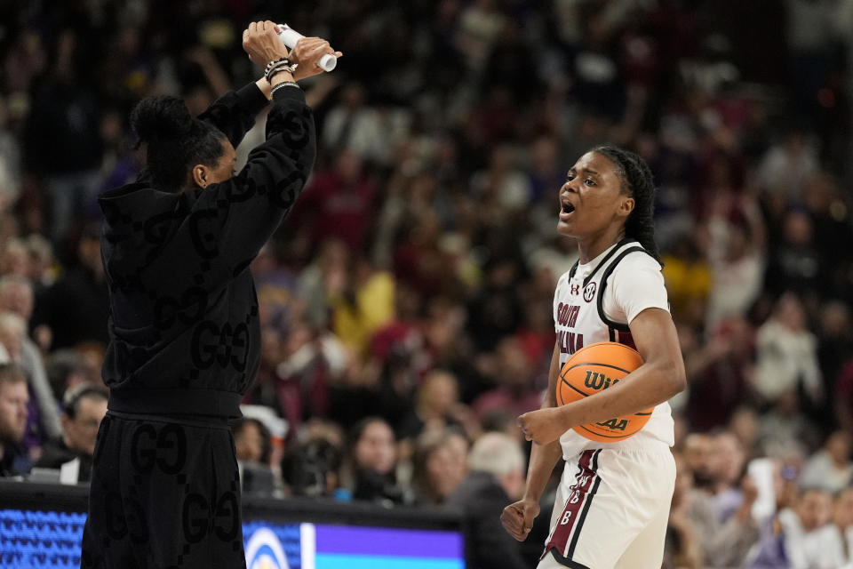 South Carolina guard MiLaysia Fulwiley reacts after getting fouled during the second half of an NCAA college basketball game against LSU at the Southeastern Conference women's tournament final Sunday, March 10, 2024, in Greenville, S.C. (AP Photo/Chris Carlson)