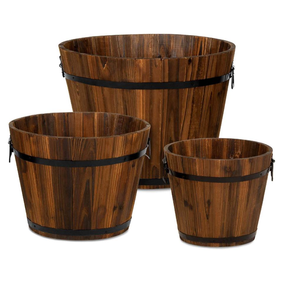 4) Rustic Wooden Bucket Barrel Planters