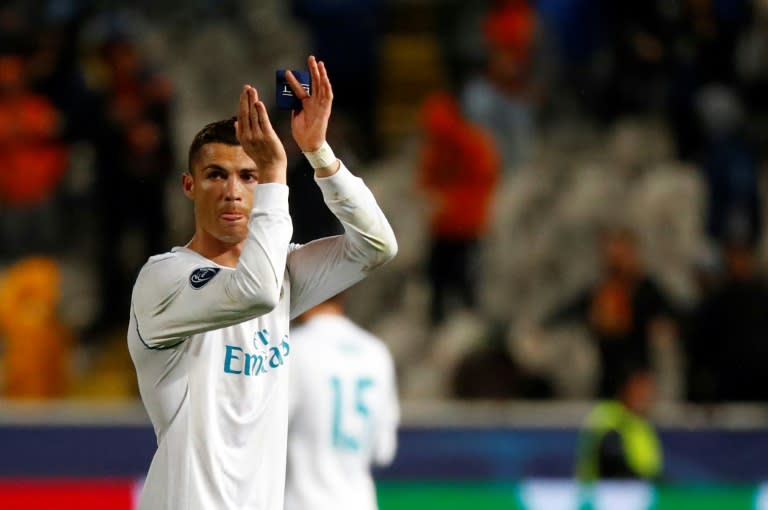 Real Madrid's forward Cristiano Ronaldo gestures at the end of the UEFA Champions League Group H match against Apoel FC November 21, 2017