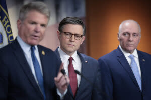 U.S. Speaker of the House Mike Johnson of Louisiana listens as Rep. Mike McCaul of Texas speaks during a press conference at the U.S. Capitol on April 16, 2024 in Washington, D.C. Also pictured is House Majority Leader Rep. Steve Scalise of Louisiana