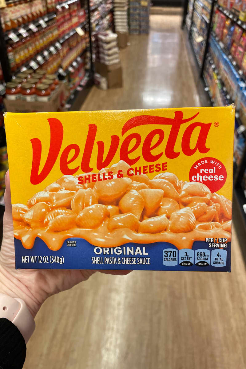 Box of Velveeta macaroni and cheese in the grocery store.