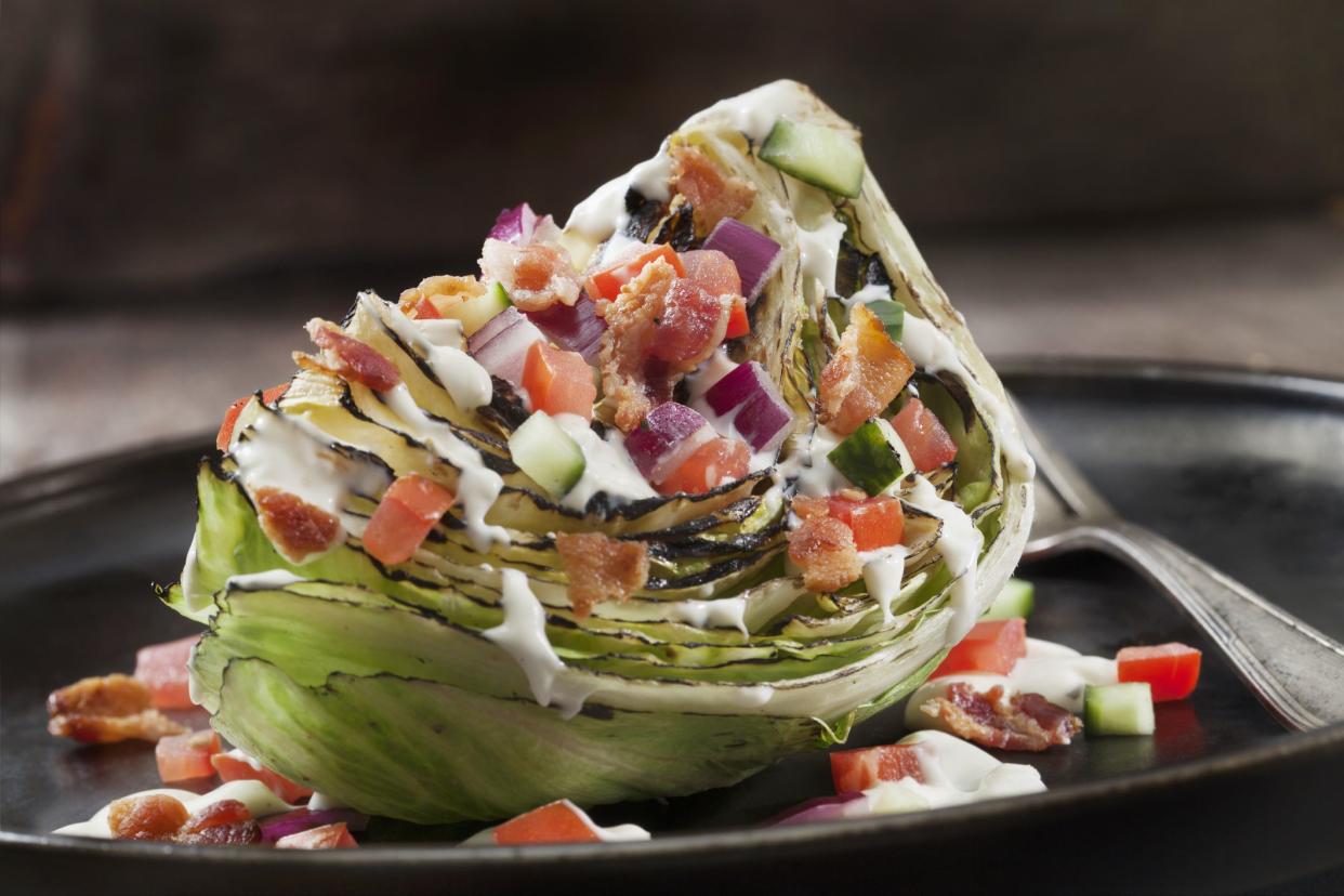 Creamy Ranch Wedge Salad with Bacon, Tomatoes, Cucumber, Red Onion and Scallions