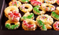 <p>A <a href="https://www.thedailymeal.com/cook/christmas-cookies-are-better-grandma-s-recipes?referrer=yahoo&category=beauty_food&include_utm=1&utm_medium=referral&utm_source=yahoo&utm_campaign=feed" rel="nofollow noopener" target="_blank" data-ylk="slk:classic Christmas cookie recipe" class="link rapid-noclick-resp">classic Christmas cookie recipe</a>, spritz cookies are easy to decorate with red, green and white sprinkles and food coloring. They also wonderfully fill the gaps on any holiday platter you’re shipping.</p> <p><a href="https://www.thedailymeal.com/recipes/spritz-cookies-recipe?referrer=yahoo&category=beauty_food&include_utm=1&utm_medium=referral&utm_source=yahoo&utm_campaign=feed" rel="nofollow noopener" target="_blank" data-ylk="slk:For the Spritz Cookies recipe, click here." class="link rapid-noclick-resp">For the Spritz Cookies recipe, click here.</a></p>
