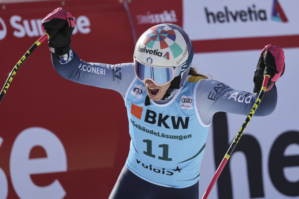 Italy's Marta Bassino gets to the finish area after completing an alpine ski, women's World Cup super-G, in Crans Montana, Switzerland, Sunday, Feb. 18, 2024. (AP Photo/Marco Trovati)